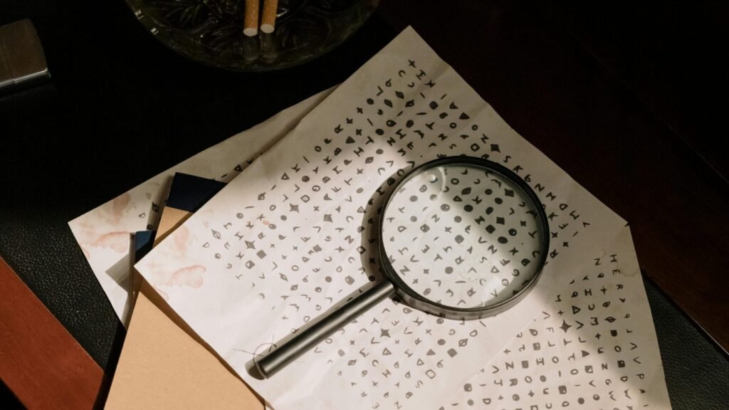 A vintage office scene with cryptic documents and a magnifying glass, evoking mystery and detective work.