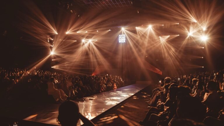 Exciting fashion show event with dazzling lights and a captivated audience.