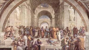 Famous Renaissance painting by Raphael depicting various philosophers in a classical setting.