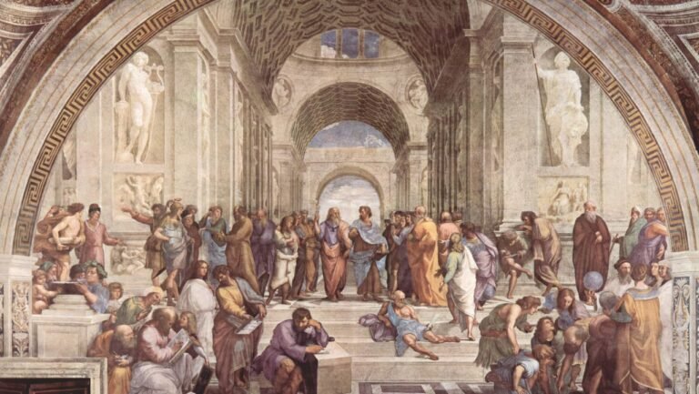 Famous Renaissance painting by Raphael depicting various philosophers in a classical setting.