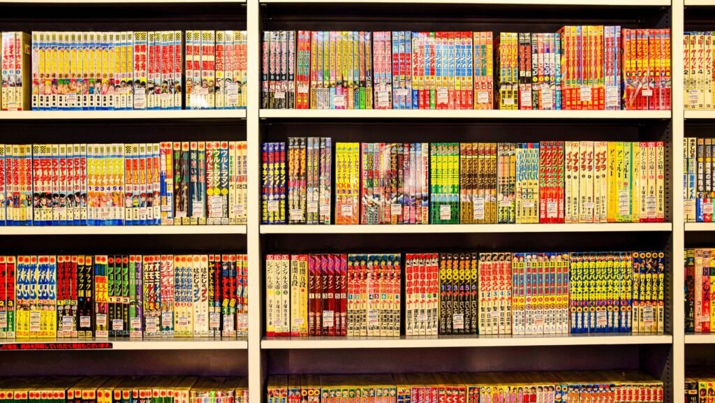 Vibrant shelves filled with Japanese manga in a bookstore. Perfect for comic enthusiasts.